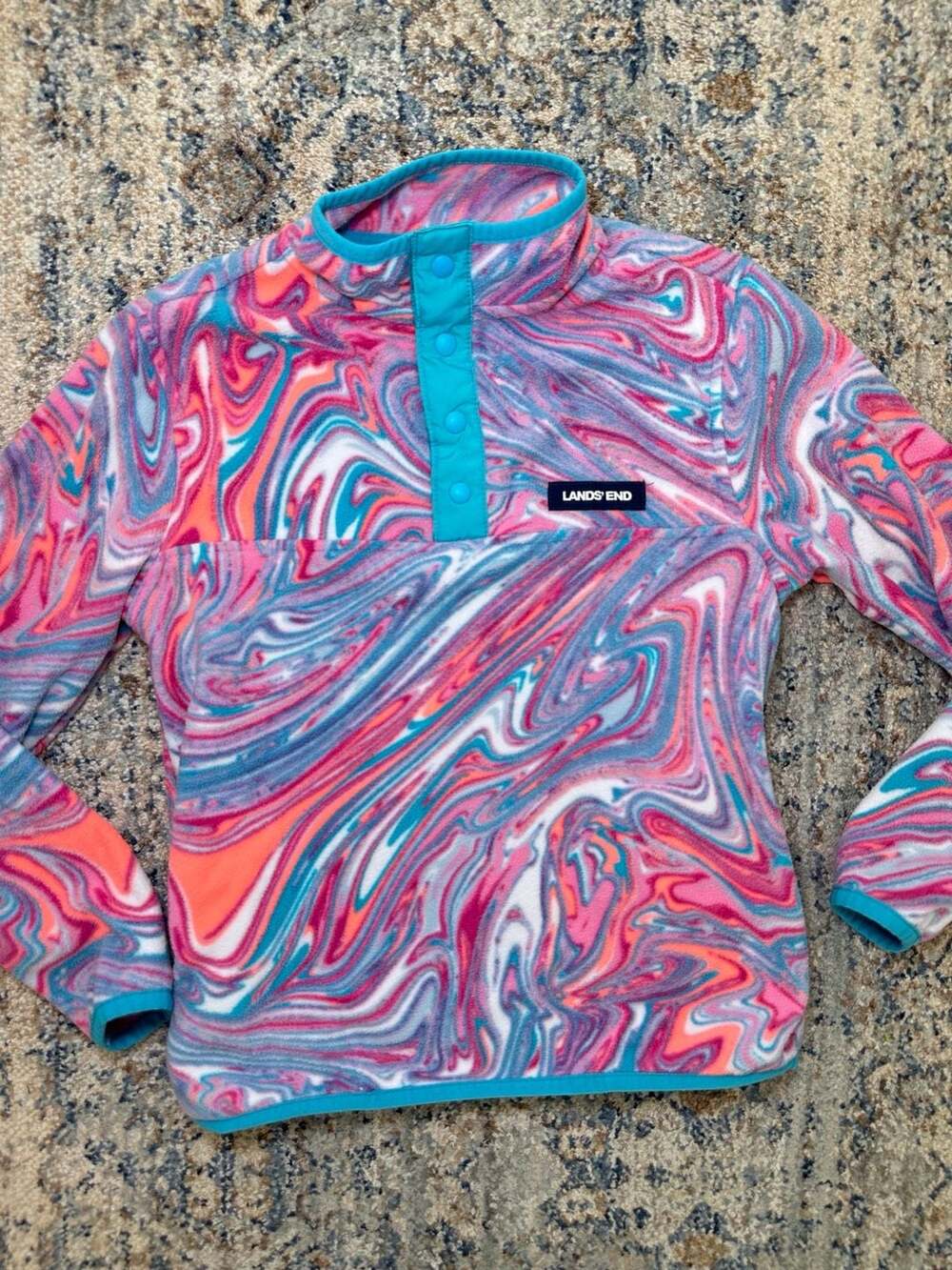 Lands End Swirl Print Fleece Snap Pullover Pink Blue Kids Small (6-7)